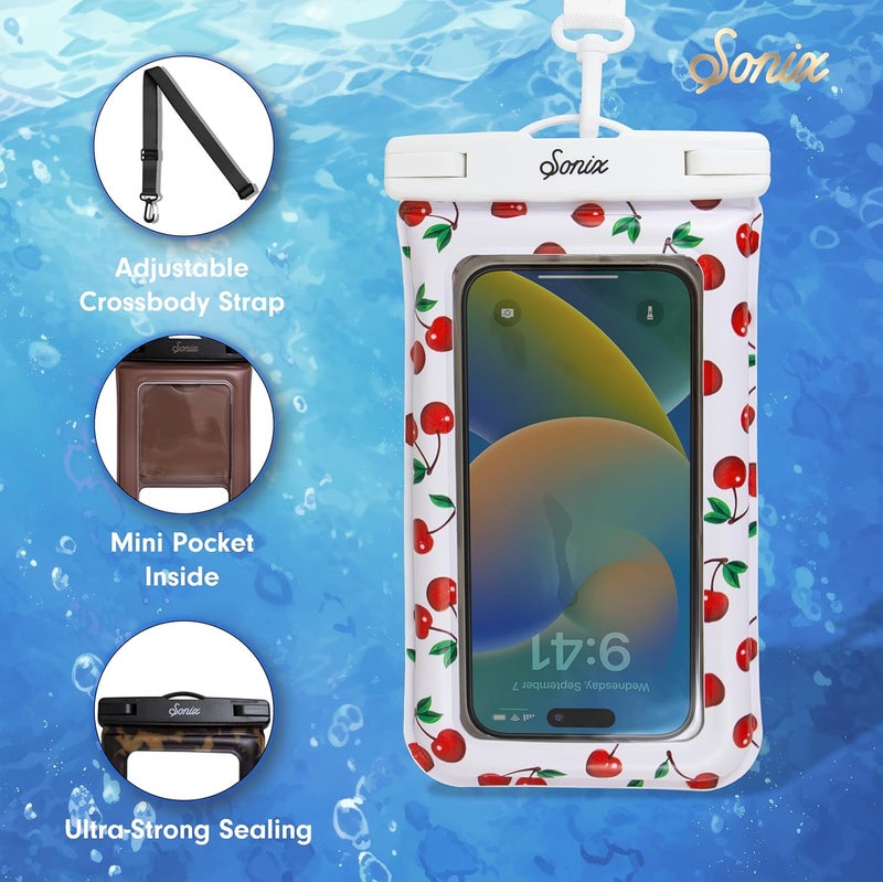 Sonix Waterproof Phone Pouch - Floating Phone Case Dry Bag w/Crossbody Lanyard - Beach Cruise Travel Essentials - Compatible w/All Devices, Touchscreen Friendly | Cherry on Top - Image 2
